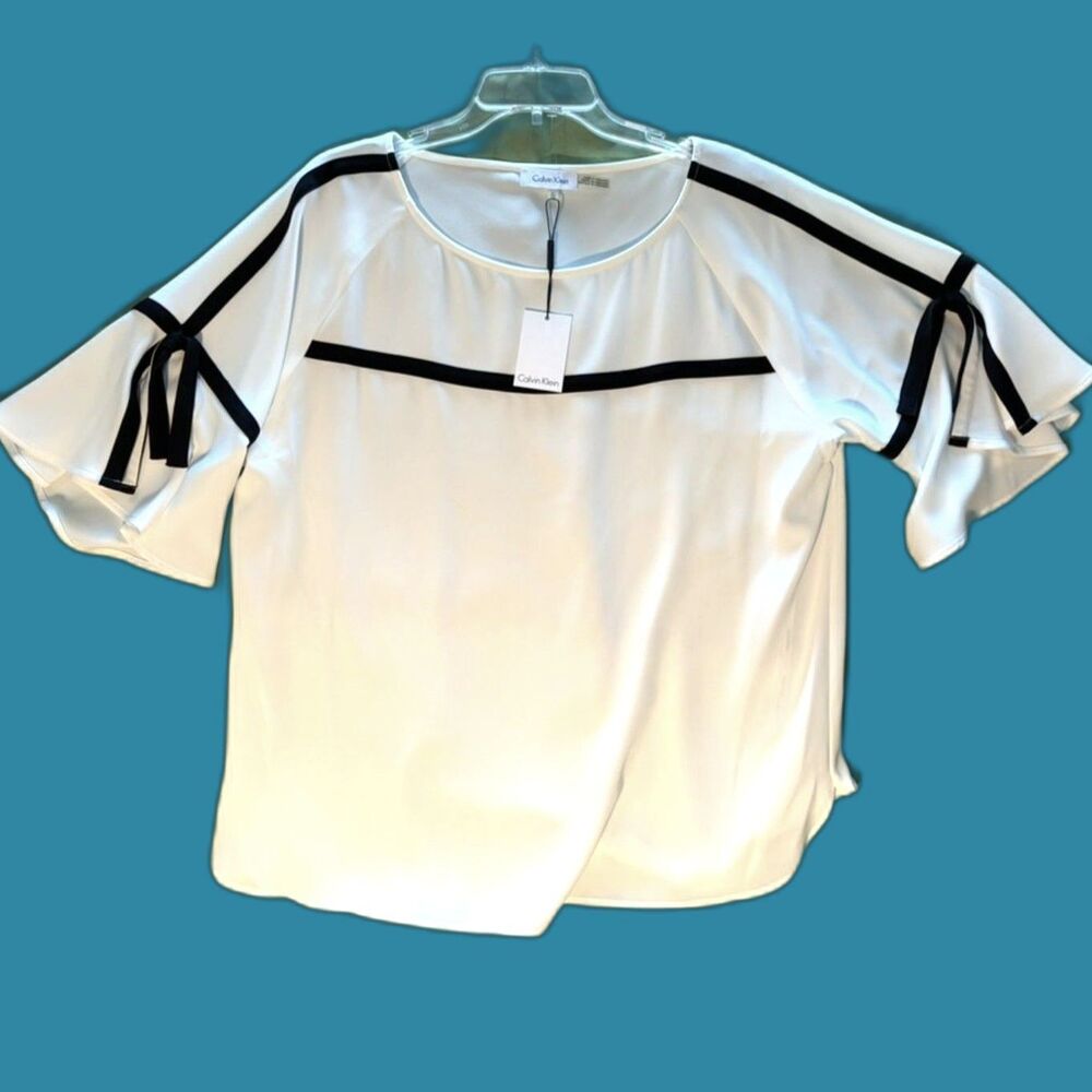 Calvin Klein XL White Blouse NWT Womens Black ribbon trim Flare short sleeve